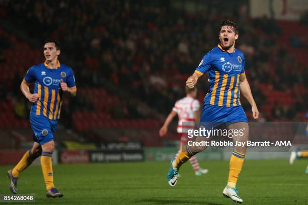 Joe Riley of Shrewsbury Town celebrates after scoring a goal to make it 1-1 during the Sky Bet League One match between Doncaster Rovers and...