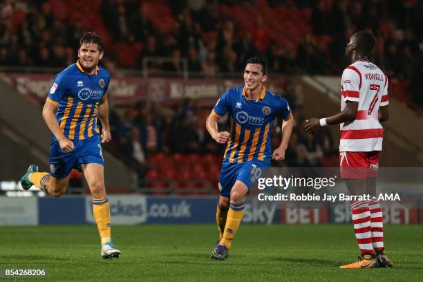 Joe Riley of Shrewsbury Town celebrates after scoring a goal to make it 1-1 during the Sky Bet League One match between Doncaster Rovers and...