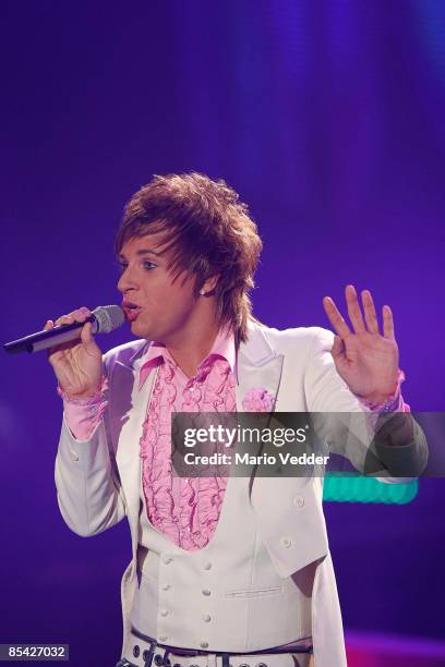 Benny Kieckhaeben performs a song during the rehearsel for the singer qualifying contest DSDS 'Deutschland sucht den Superstar' motto show on March...