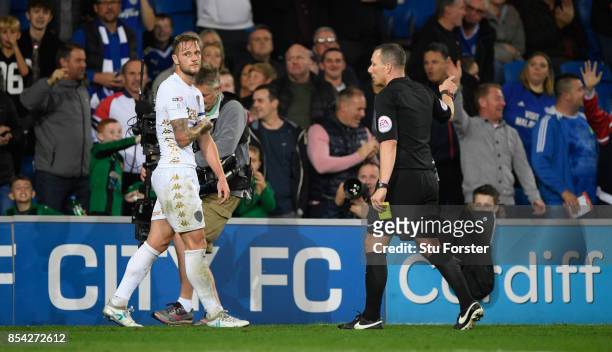 Leeds captain Liam Cooper is sent off by Kevin Friend after earning a second yellow card and a sending off during the Sky Bet Championship match...
