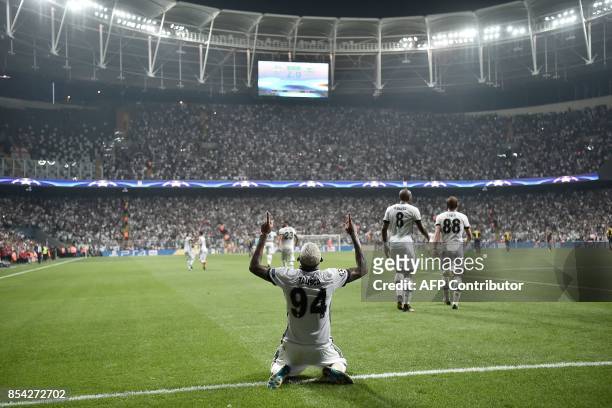 Besiktas' Talisca celebrates after scoring a goal during the UEFA Champions League group G football match between Besiktas and RB Leipzig at Vodafone...
