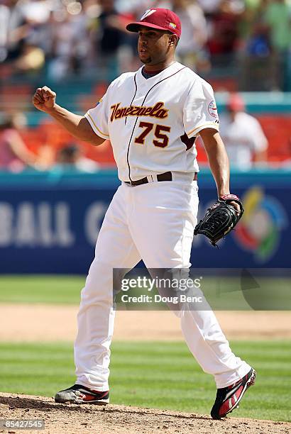 Pitcher Francisco Rodriguez of Venezuela celebrates after ending the game against the Netherlands during round 2 of the World Baseball Classic at...