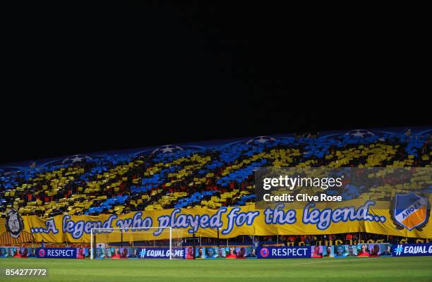Of Apoel FC fans create a display prior to the UEFA Champions League Group H match between Apoel Nicosia and Tottenham Hotspur at GSP Stadium on...