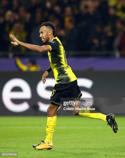 Pierre-Emerick Aubameyang of Borussia Dortmund celebrates scoring his sides first goal during the UEFA Champions League group H match between...