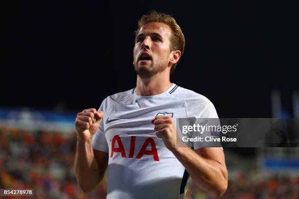 Harry Kane of Tottenham Hotspur celebrates scoring his sides second goal during the UEFA Champions League Group H match between Apoel Nicosia and...