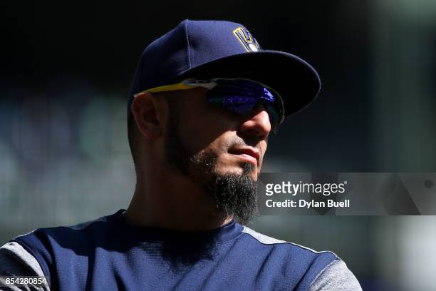 Matt Garza of the Milwaukee Brewers stands on the field before the game against the Chicago Cubs at Miller Park on September 23, 2017 in Milwaukee,...