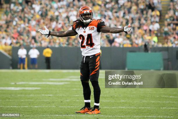 Adam Jones of the Cincinnati Bengals reacts after being called for a penalty in the fourth quarter against the Green Bay Packers at Lambeau Field on...