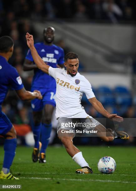 Leeds player Kemar Roofe scores their first goal during the Sky Bet Championship match between Cardiff City and Leeds United at Cardiff City Stadium...