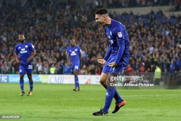 Sean Morrison of Cardiff City celebrates scoring his sides third goal of the match during the Sky Bet Championship match between Cardiff City and...