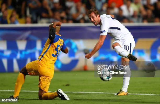 Harry Kane of Tottenham Hotspur shoots during the UEFA Champions League Group H match between Apoel Nicosia and Tottenham Hotspur at GSP Stadium on...