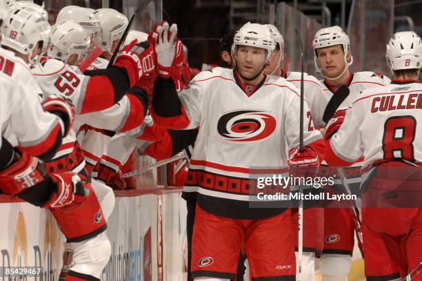 Erik Cole of the Carolina Hurricanes celebrates his teams first goal during a NHL hockey game against the Washington Capitals on March 14, 2009 at...
