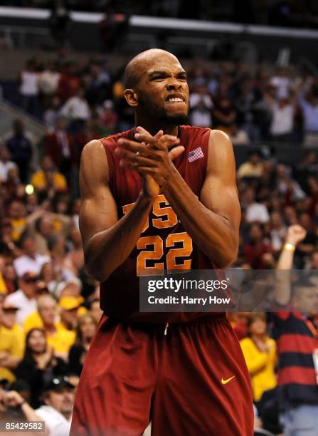 Taj Gibson of the USC Trojans celebrates during the Pacific Life Pac-10 Men's Basketball Tournament Championship Game against the Arizona State Sun...