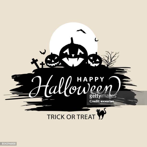 happy halloween lettering with pumpkins - informationsgrafik stock illustrations
