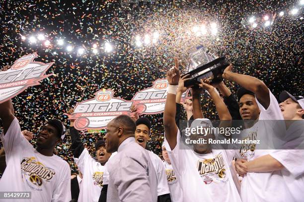 The Missouri Tigers celebrate after winning the Phillips 66 Big 12 Men's Basketball Championship at the Ford Center March 14, 2009 in Oklahoma City,...