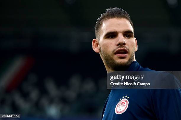 Panagiotis Tachtsidis of Olympiacos Piraeus FC looks on during a Olympiacos Piraeus FC training session ahead of their UEFA Champions League Group D...