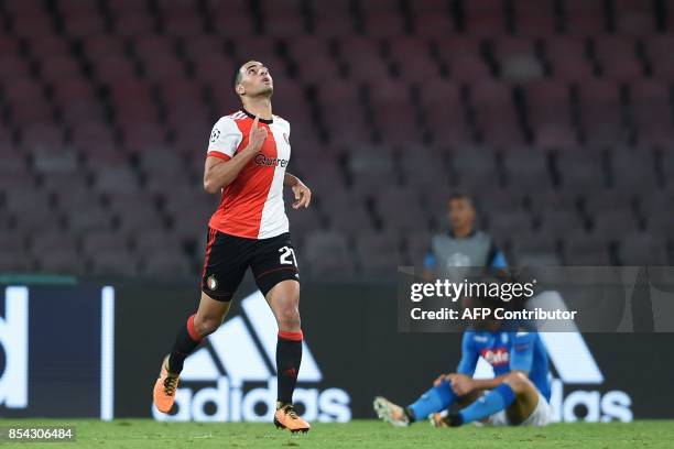 Feyenoord's Moroccan midfielder Sofyan Amrabat celebrates after scoring during the UEFA Champion's League Group F football match Napoli vs Feyenoord...