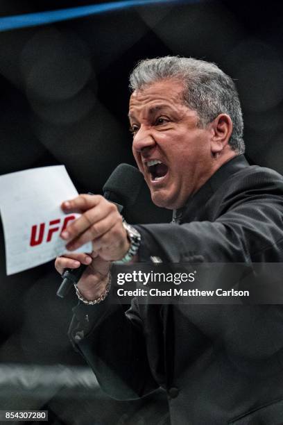 Fight Night 116: Closeup of Ring Announcer Bruce Buffer during Luke Rockhold vs David Branch middleweight bout at PPG Paints Arena. Pittsburgh, PA...