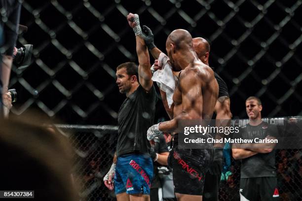 Fight Night 116: Luke Rockhold with arm raised, victorious vs David Branch during middleweight bout at PPG Paints Arena. Pittsburgh, PA 9/16/2017...
