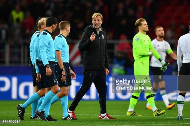 Jurgen Klopp, Manager of Liverpool argues with referee Clement Turpin after the UEFA Champions League group E match between Spartak Moskva and...