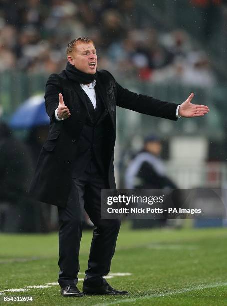 Celtic manager Neil Lennon gestures on the touchline