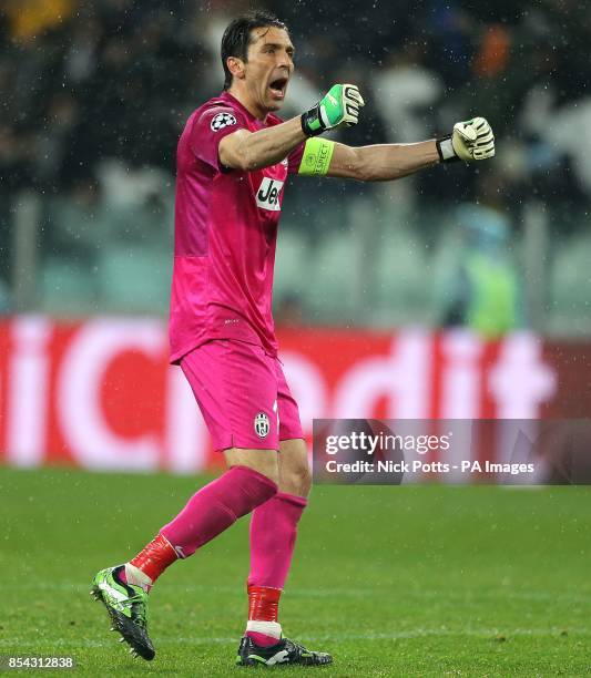 Juventus goalkeeper Gianluigi Buffon celebrates after teammate Alessandro Matri scores his side's first goal of the game