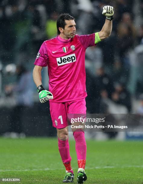 Juventus goalkeeper Gianluigi Buffon celebrates after his side's second goal of the game