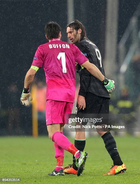 Juventus goalkeeper Gianluigi Buffon and Celtic's Georgios Samaras after the final whistle