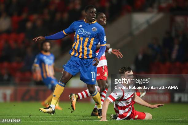 Arthur Gnahoua of Shrewsbury Town scores a goal to make it 1-2 during the Sky Bet League One match between Doncaster Rovers and Shrewsbury Town at...