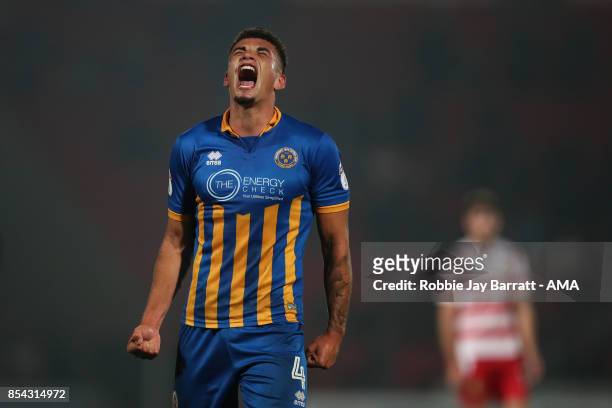 Ben Godfrey of Shrewsbury Town celebrates at full time during the Sky Bet League One match between Doncaster Rovers and Shrewsbury Town at Keepmoat...
