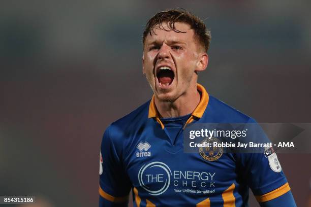 Joe Nolan of Shrewsbury Town celebrates at full time during the Sky Bet League One match between Doncaster Rovers and Shrewsbury Town at Keepmoat...