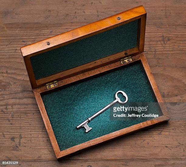antique key in wooden box - old fashioned key stock pictures, royalty-free photos & images