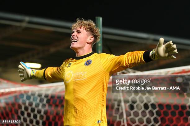 Dean Henderson of Shrewsbury Town celebrates at full time during the Sky Bet League One match between Doncaster Rovers and Shrewsbury Town at...