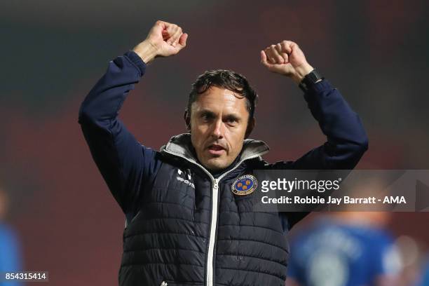 Paul Hurst, Manager / Head Coach of Shrewsbury Town celebrates at full time during the Sky Bet League One match between Doncaster Rovers and...
