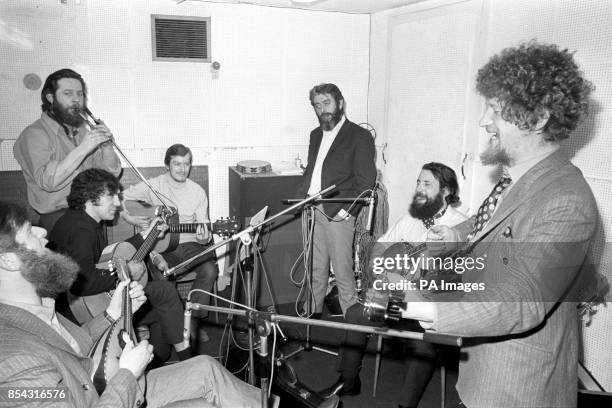 Irish folk band The Dubliners rehearsing in Spot Studios, Moulton Street, London. Pictured John Sheahan, Ciaran Bourke , Ronnie Drew , Barney McKenna...