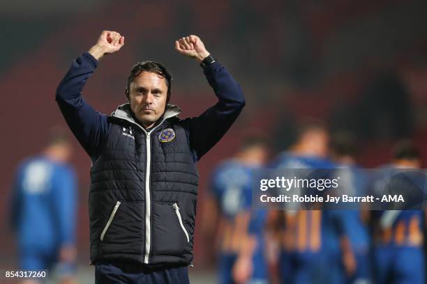 Paul Hurst, Manager / Head Coach of Shrewsbury Town celebrates at full time during the Sky Bet League One match between Doncaster Rovers and...