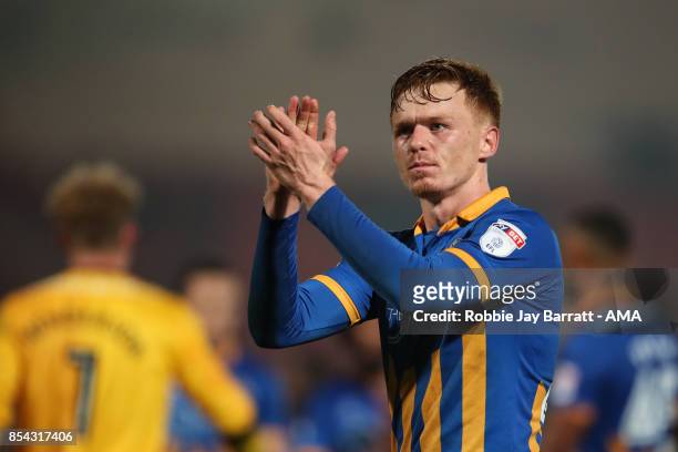 Joe Nolan of Shrewsbury Town applauds the fans at full time during the Sky Bet League One match between Doncaster Rovers and Shrewsbury Town at...