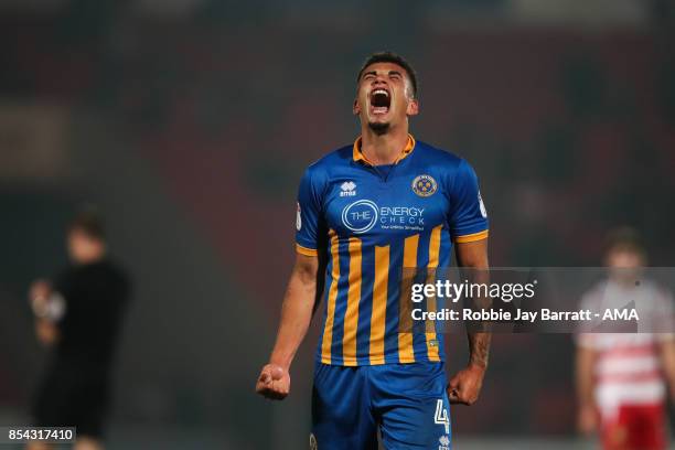 Ben Godfrey of Shrewsbury Town celebrates at full time during the Sky Bet League One match between Doncaster Rovers and Shrewsbury Town at Keepmoat...