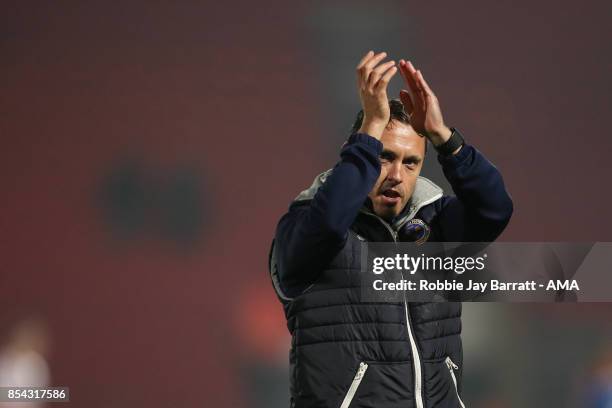 Paul Hurst, Manager / Head Coach of Shrewsbury Town applauds the fans at full time during the Sky Bet League One match between Doncaster Rovers and...