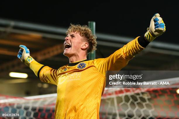 Dean Henderson of Shrewsbury Town celebrates at full time during the Sky Bet League One match between Doncaster Rovers and Shrewsbury Town at...