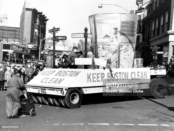 Department of Public Works "Keep Boston Clean" float is pictured in the St. Patrick's Day parade on Mar. 17, 1961.