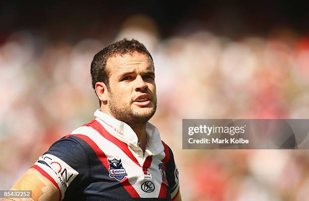 Nate Myles of the Roosters watches on during the round one NRL match between the Sydney Roosters and the South Sydney Rabbitohs at the Sydney...