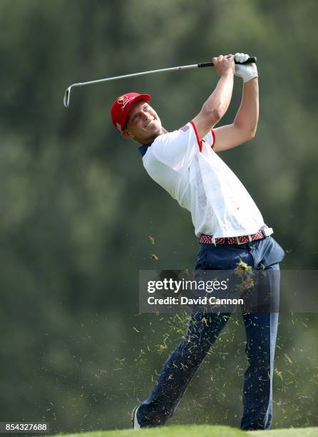 William Mouw of the United States in action during the final day singles matches in the 2017 Junior President's Cup at the Plainfield Country Club on...