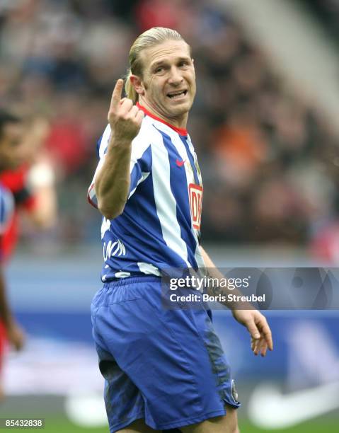 Andrey Voronin of Hertha BSC Berlin gestures during the Bundesliga match between Hertha BSC Berlin and Bayer Leverkusen at the Olympic stadium on...