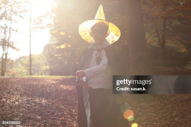 little wizard is shining brightly under the golden sun. - boy wizard stock pictures, royalty-free photos & images