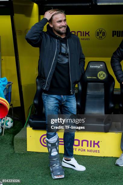 Marcel Schmelzer of Dortmund privat, laughs during the Bundesliga match between Borussia Dortmund and 1. FC Koeln at the Signal Iduna Park on...