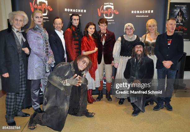 Sebastian Brandmeir, Christian Struppeck, Raphael Gross, Diana Schnierer, Drew Sarich, Cornelius Baltus and some members of the cast pose during a...