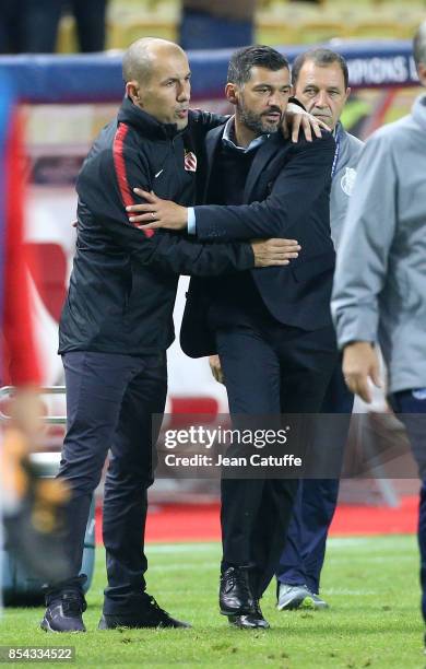 Coach of Monaco Leonardo Jardim greets coach of FC Porto Sergio Conceicao following the UEFA Champions League group G match between AS Monaco and FC...