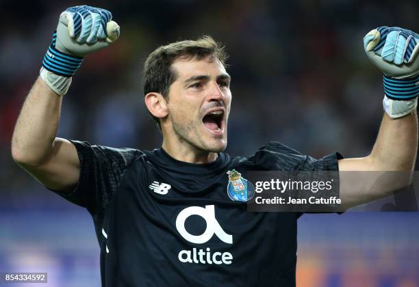 Goalkeeper of FC Porto Iker Casillas celebrates the third goal during the UEFA Champions League group G match between AS Monaco and FC Porto at Stade...