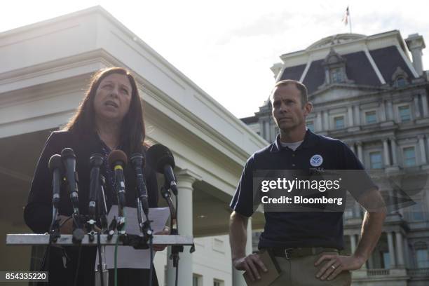 Elaine Duke, acting secretary of Homeland Security, left, speaks as Brock Long, administrator of the Federal Emergency Management Agency, listens...