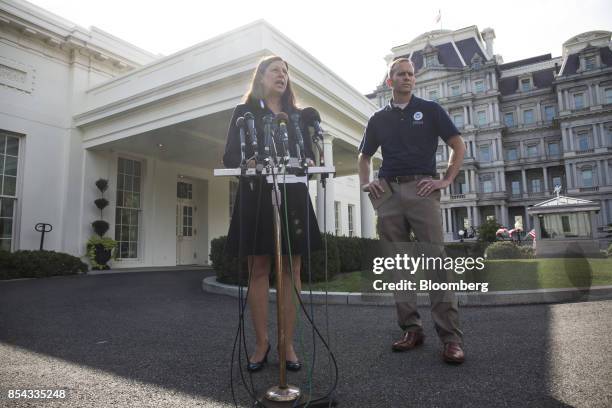 Elaine Duke, acting secretary of Homeland Security, left, speaks as Brock Long, administrator of the Federal Emergency Management Agency, listens...